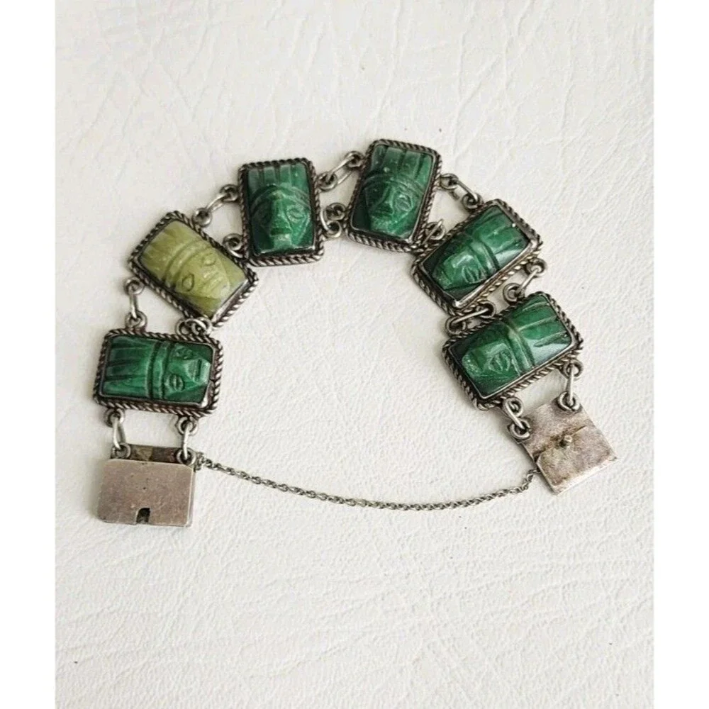 Vintage Mexico Sterling Silver Carved Green Jade Mayan Mask Link Bracelet 7" 44g - Picture 2 of 8